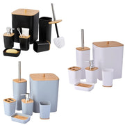 Trade Shop - Set Accessori Bagno In Bambù 6 Pz Moderno Bidone Spazzatura Portasapone Dispenser -
