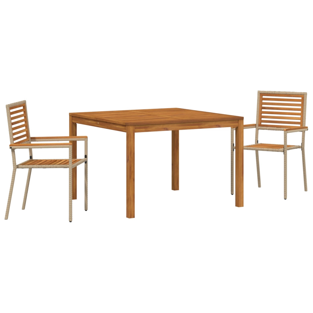 Set da pranzo da giardino in 3 pezzi beige in polyrattan e acacia