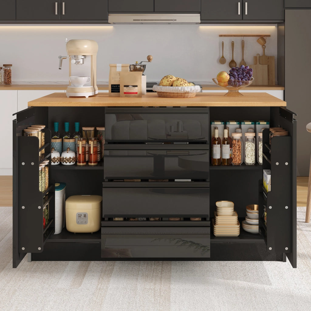 Isola da cucina con piano estraibile; 4 cassetti e 2 armadietti in MDF nero e naturale 140 × 80 × 90 cm