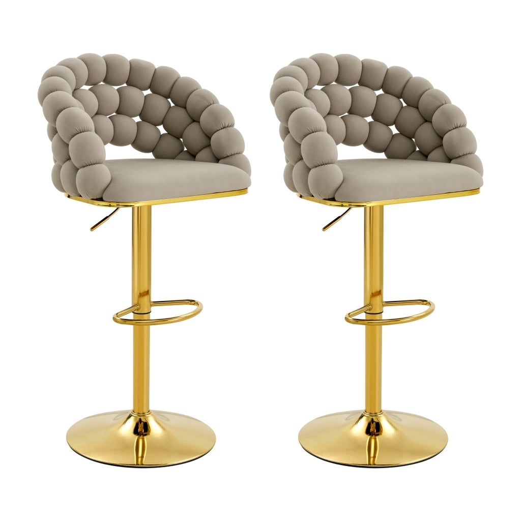 Sgabello da Bar Set da 2 con Schienale a Catena, Altezza Regolabile, Base in Metallo Dorato, Velluto Grigio