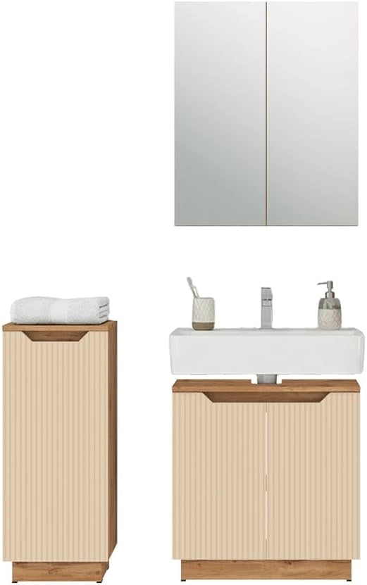 Set di mobili da bagno Lotta, Rovere/cashmere a righe, 3 parti