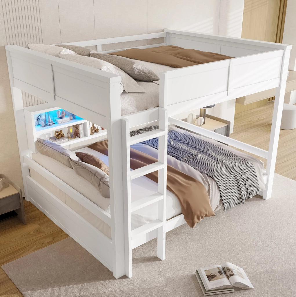 Letto a castello 160x200 cm con 6 vani contenitore e luce LED; bianco; in pino e MDF