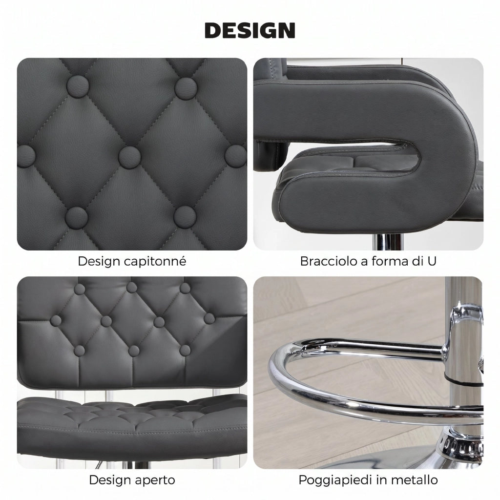 Sgabello da Bar Regolabile 61x50x93-113 cm Seduta Extra Large Girevole in Similpelle PU Grigio
