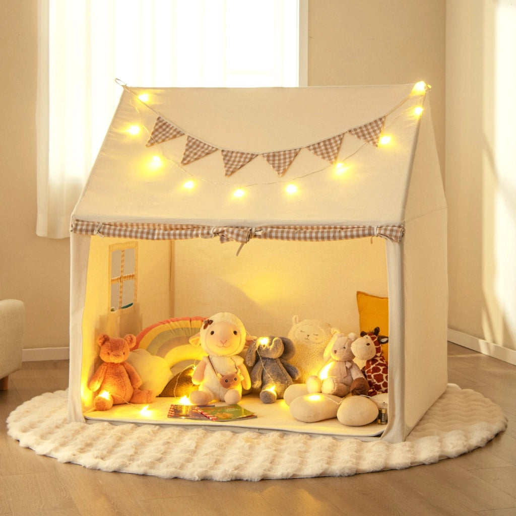 Tenda da gioco per bambini con tappetino imbottito 2 finestre traspiranti e 2 tasche, Casetta tenda da gioco Beige-Tende e Casette per bambini