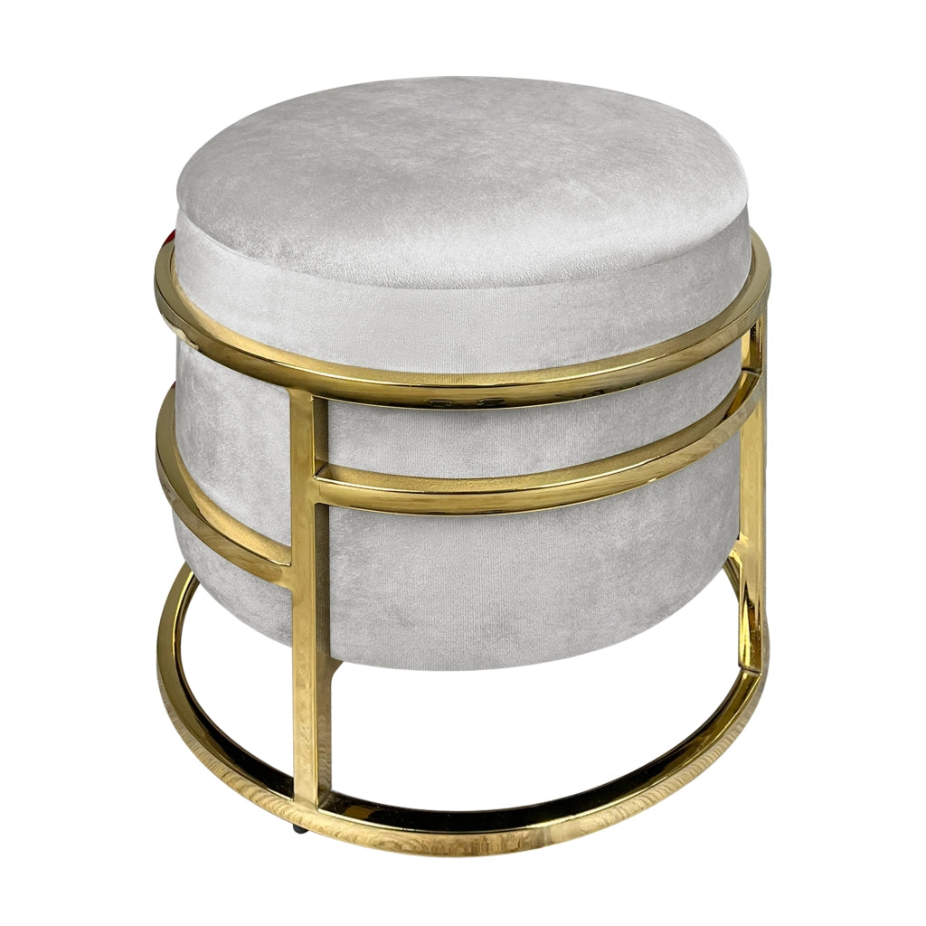 Pouf Contenitore Poggiapiedi Velluto Con Struttura Circolare Cromata Oro Elegante Imbottito Sgabello Per Toeletta Mobile Trucco Ottomano Ingresso Camera Da Letto Rotondo - Grigio chiaro