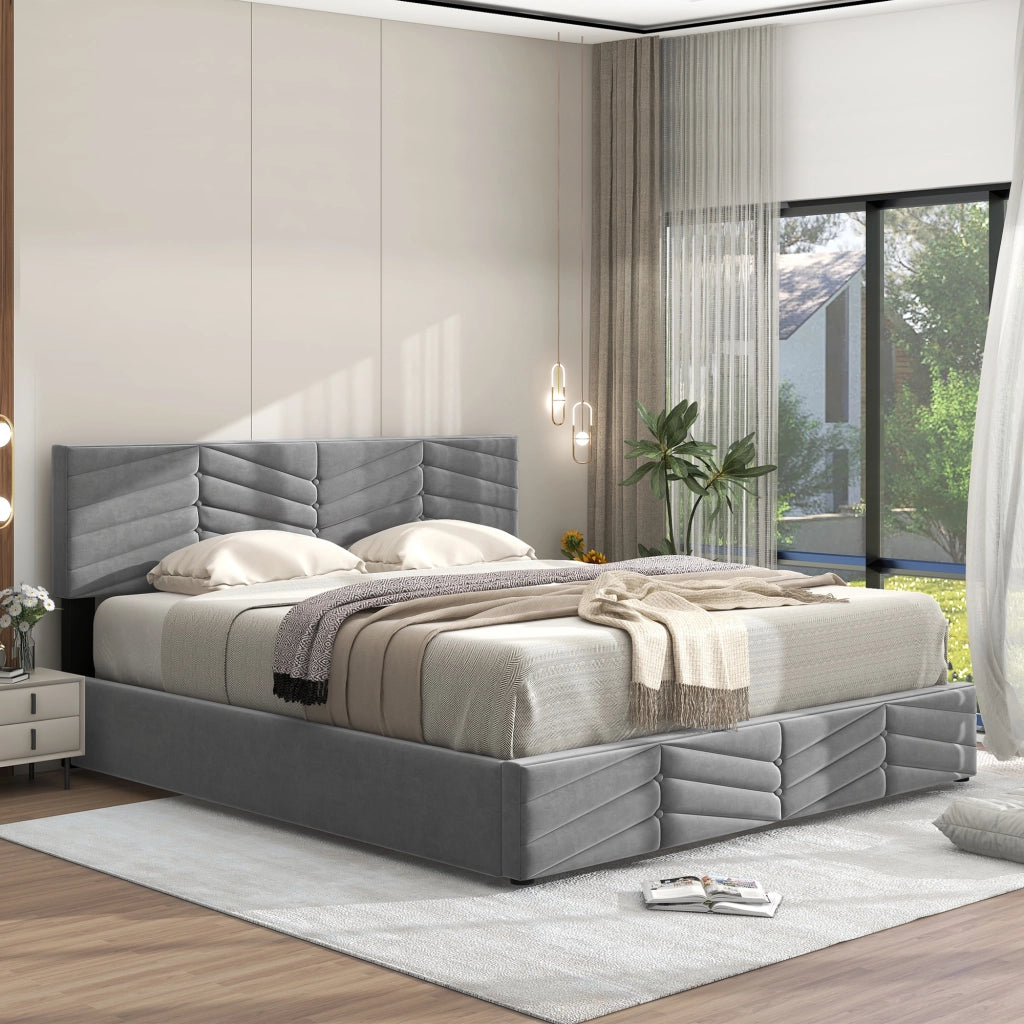 Letti contenitori 140x190 cm; testiera regolabile con contenitore; velluto grigio (Senza materasso)