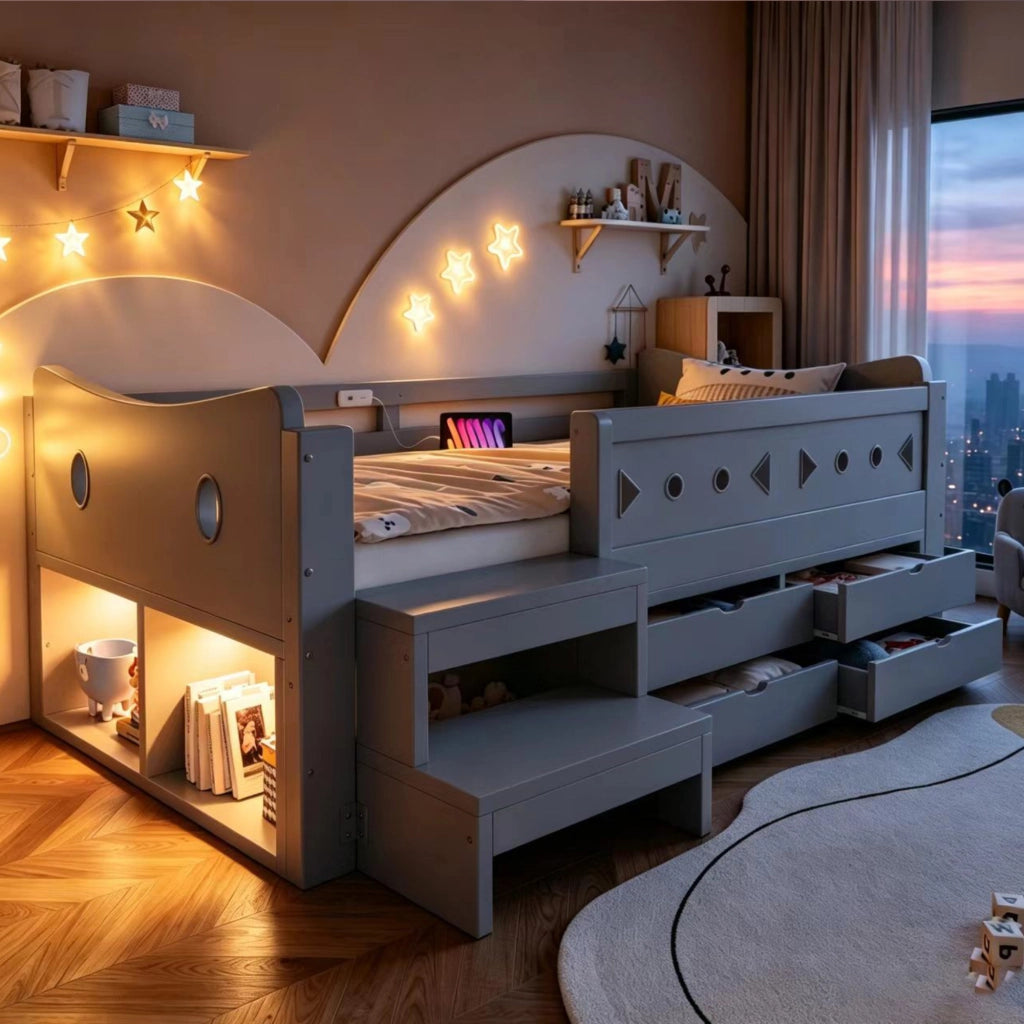 Letto singolo per bambini 90x200 cm con cassetti; testiera portaoggetti; sponda; LED; USB e USB-C; legno grigio