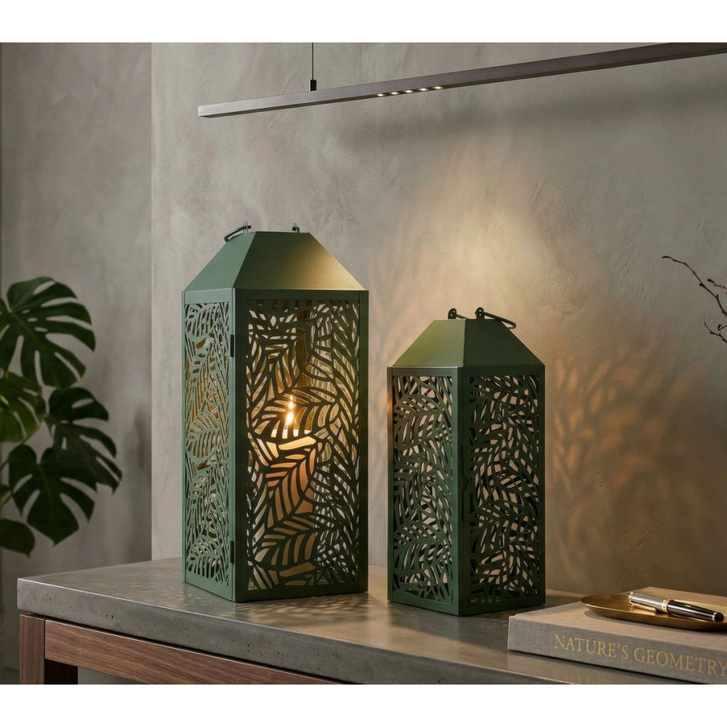 Set di due lanterne Carving in metallo con intagli a foglia