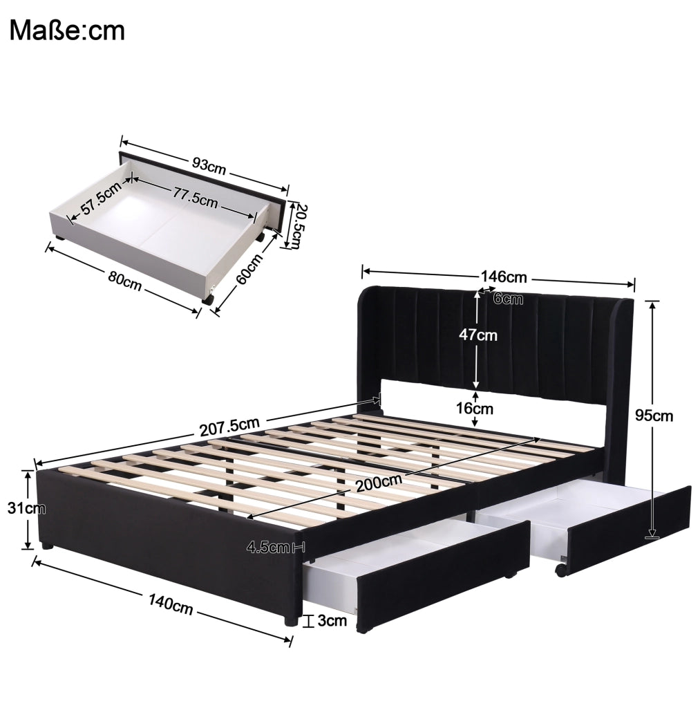 Letto matrimoniale 140x200 cm con 2 cassetti; velluto nero (Senza materasso)