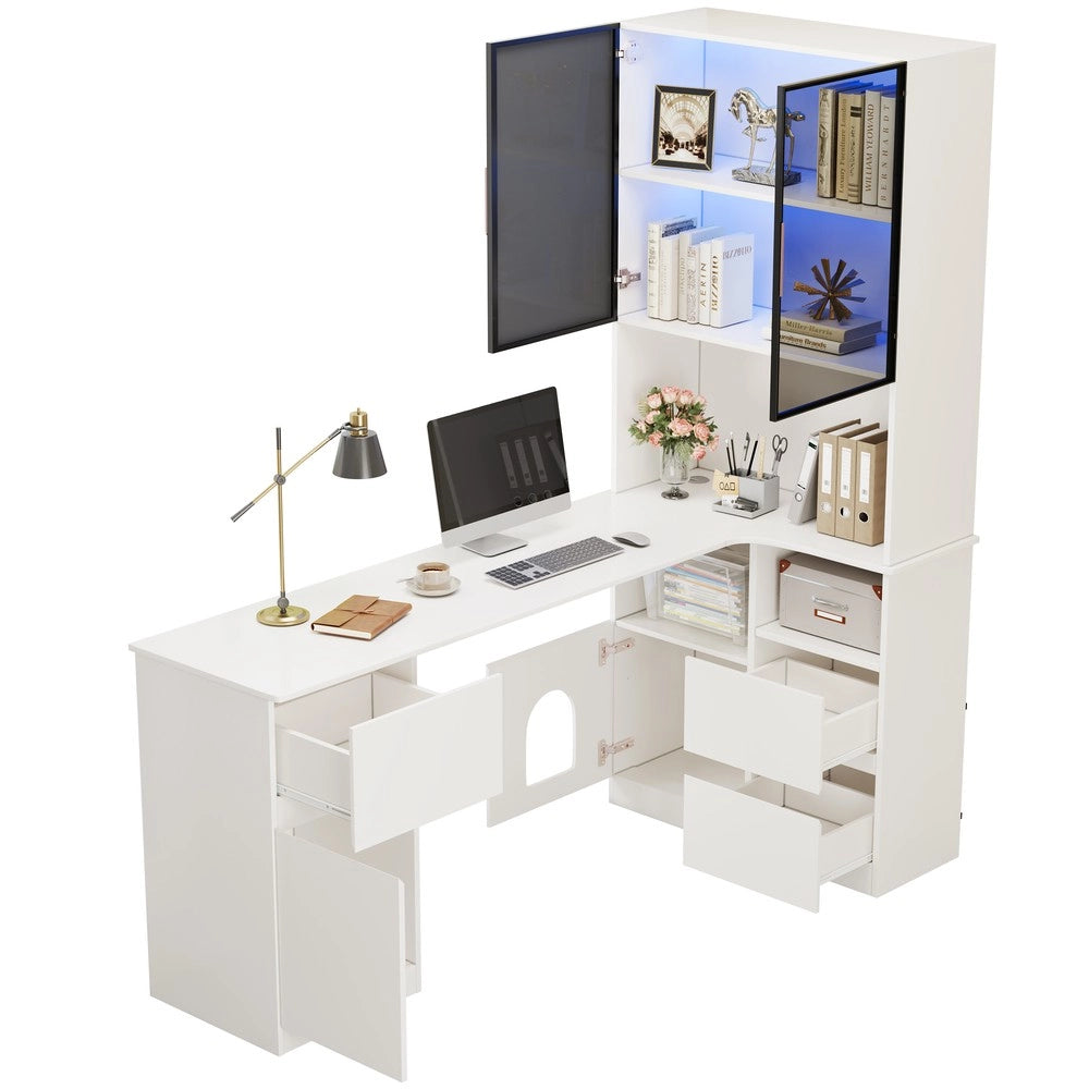 Scrivania angolare con scaffale e vetrina LED - Zephmum- 120¡Á80¡Á180 cm - 3 cassetti, 2 ante, passacavi