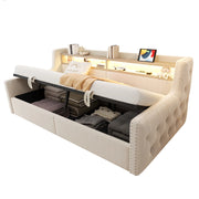 Letto a Divanetto 90x200 cm; Contenitore; LED; USB e Type-C; in Velluto; Beige