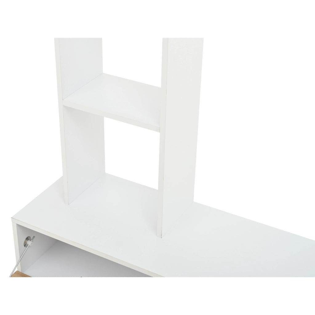Mobile porta TV con 2 ante a ribalta e scaffale verticale, sospeso o a terra, bianco e legno 180 × 35 × 22,5 cm