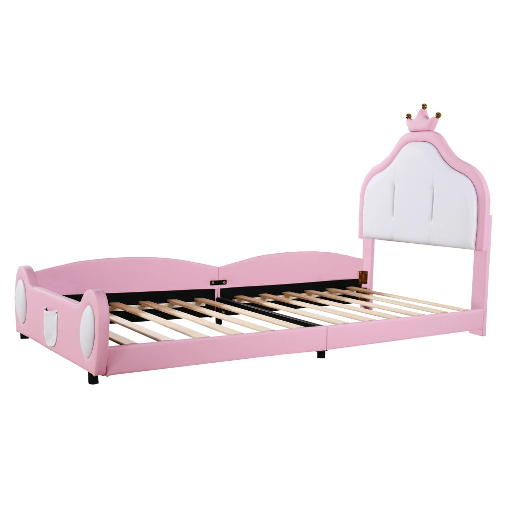 Letto imbottito 90x200 cm in similpelle bianco e rosa; testiera a corona