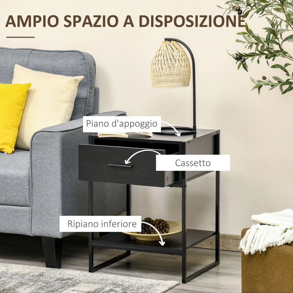 Easycomfort Comodino Moderno Set 2 Pezzi con Cassetto e Ripiano Aperto per Camera da Letto e Soggiorno, in MDF e Acciaio, 45x40x60cm, Nero