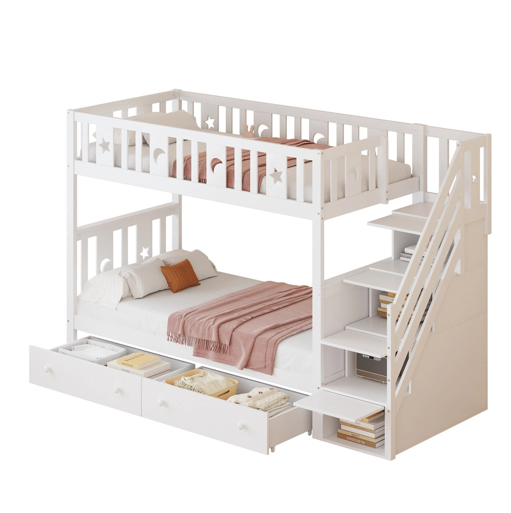 Letto a castello 90x200 cm in legno con scala contenitore e 2 cassetti
