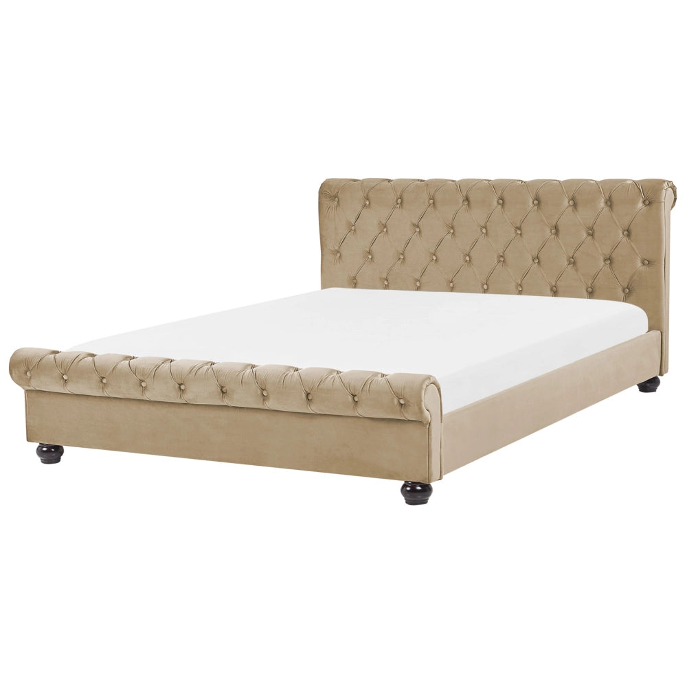Letto Rivestimento in velluto beige Gambe in legno Nero 160 x 200 cm capitonnè Glam