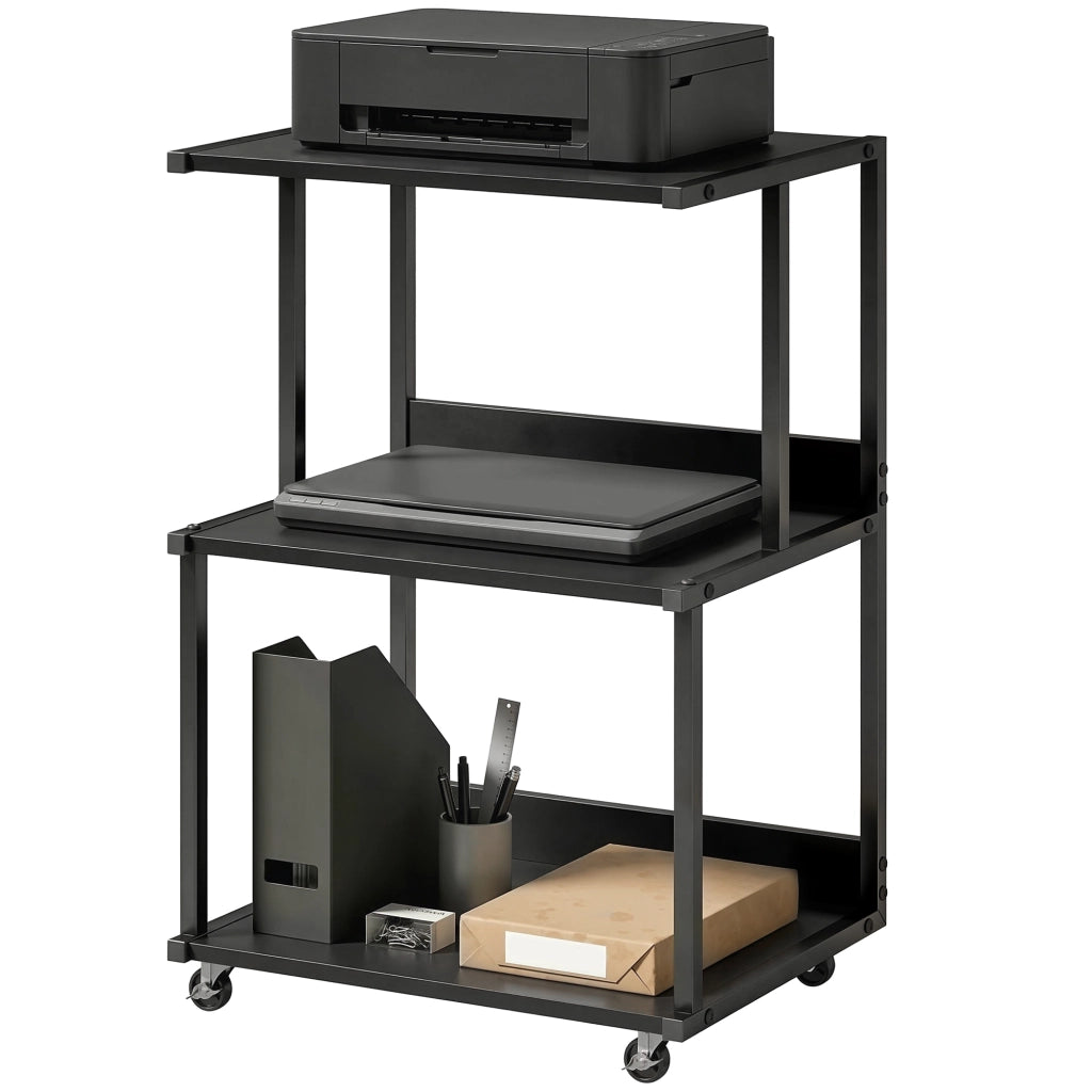 supporto stampante 3 livelli con ruote, tavolino industriale metallo ufficio, nero.