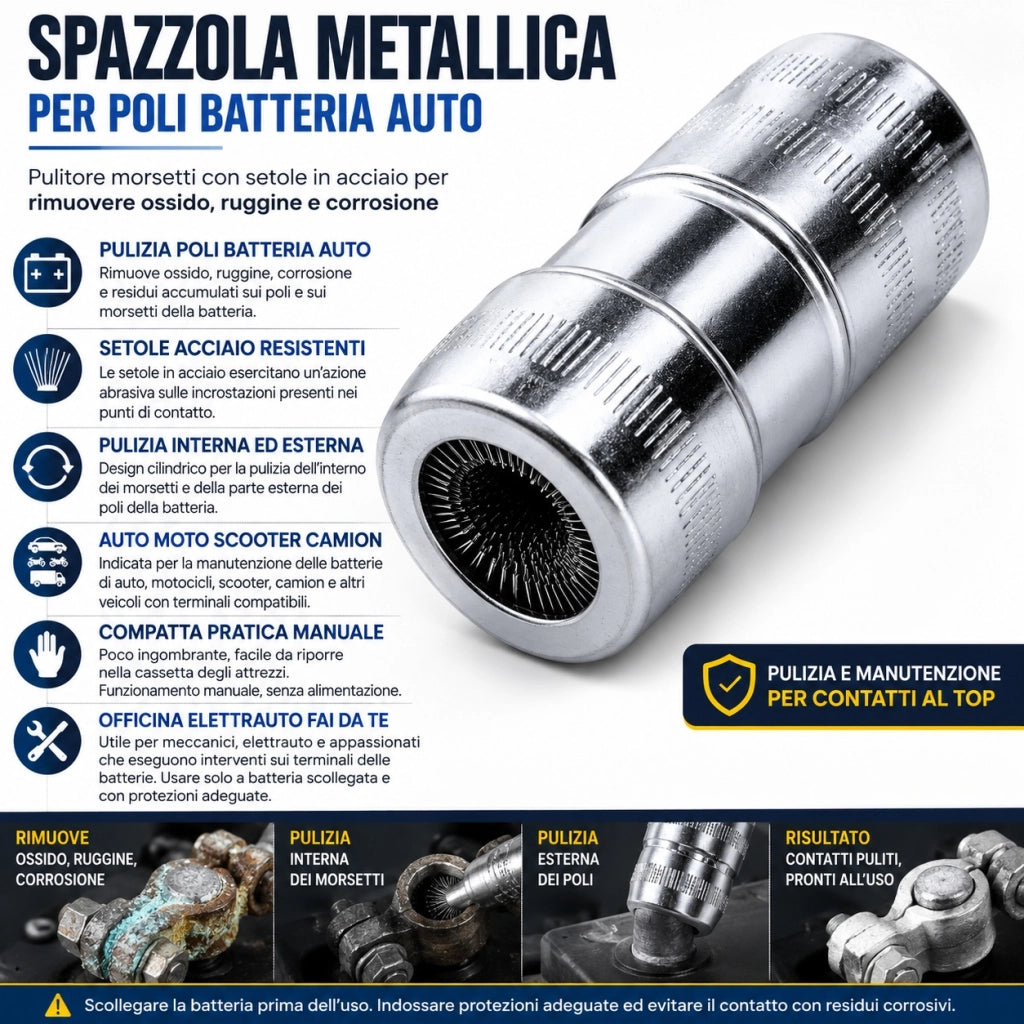 Spazzola Poli Batteria Auto Pulitore Morsetti Acciaio FS-22011
