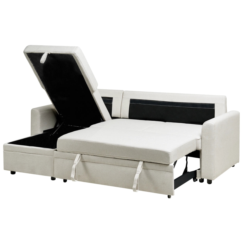 Divano letto angolare con contenitore lato destro beige chiaro rivestimento in poliestere effetto lino contenitore cuscini design moderno