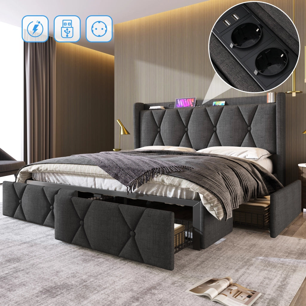 Letto Contenitore 140x200 cm; 4 Cassetti; USB e Prese - in Lino - Grigio
