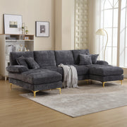 Divano a U 272x136x88 cm con due sedute reclinabili; struttura in legno; chenille grigio