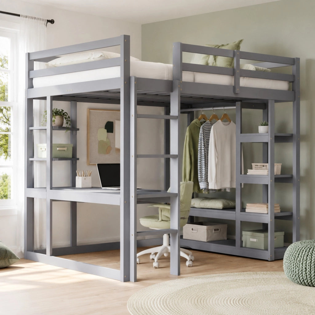 Letto a soppalco grigio 140x200 cm in legno con scrivania; scaffali e scala