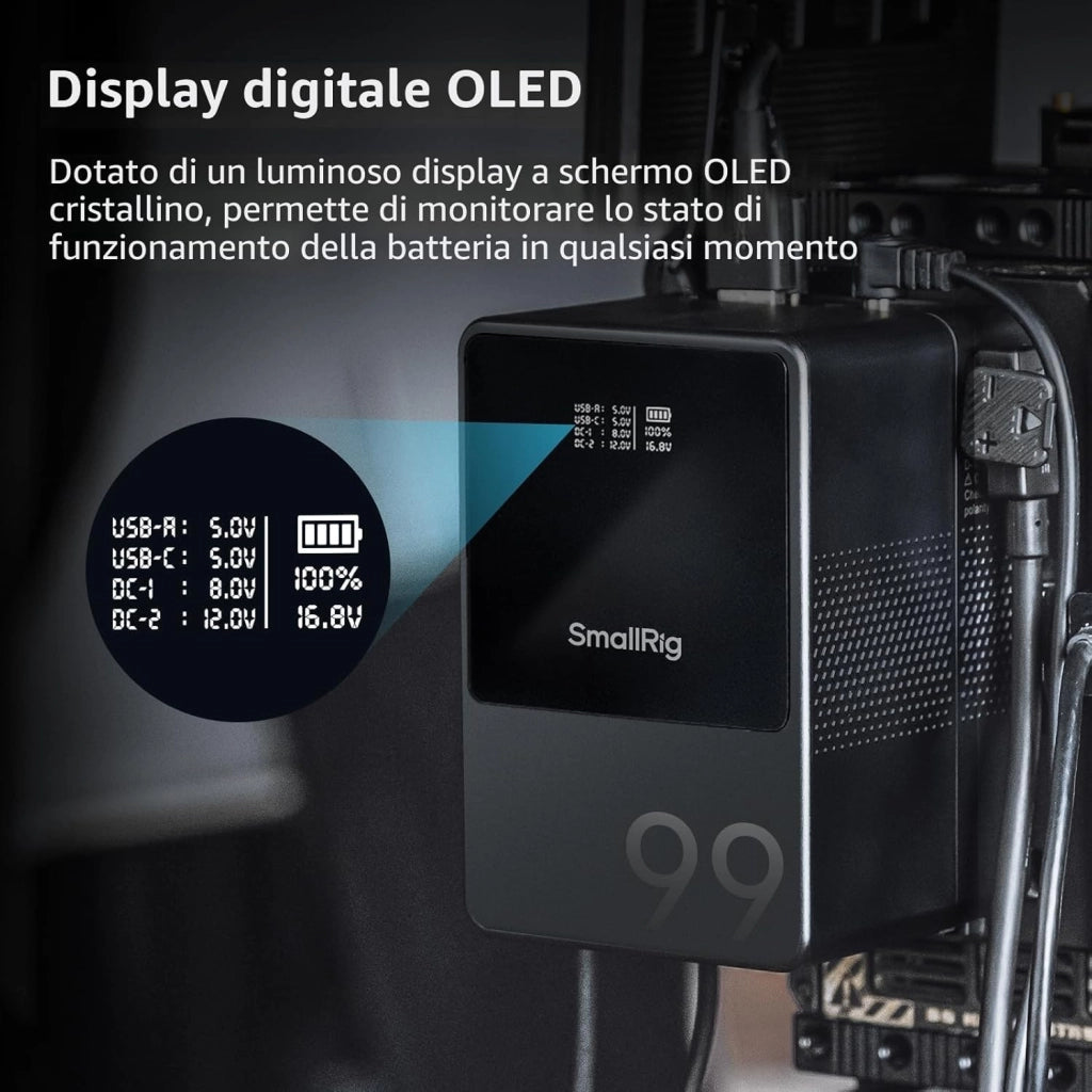 VB99 Batteria V Mount con Display OLED, 6700 mAh Batteria V Lock Portatile con Porta USB-C/USB-A/D-TAP/DC8V/DC12V/BP, 65W Ricarica Rapida PD Bidirezionale, per Camera/Monitor, Nero - 3580B