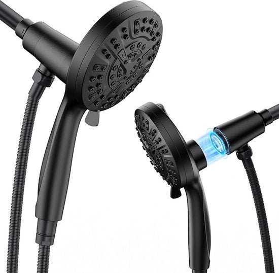 Hogedruk handdoucha con 10 sproeistati, materiale verniciato, anti-verstopping sproeiettori, funzione di getto potente integrata, adatto per la pulizia di vasche da bagno, muri e travi di copertura, sproeiettori doppio potente integrati (nero).