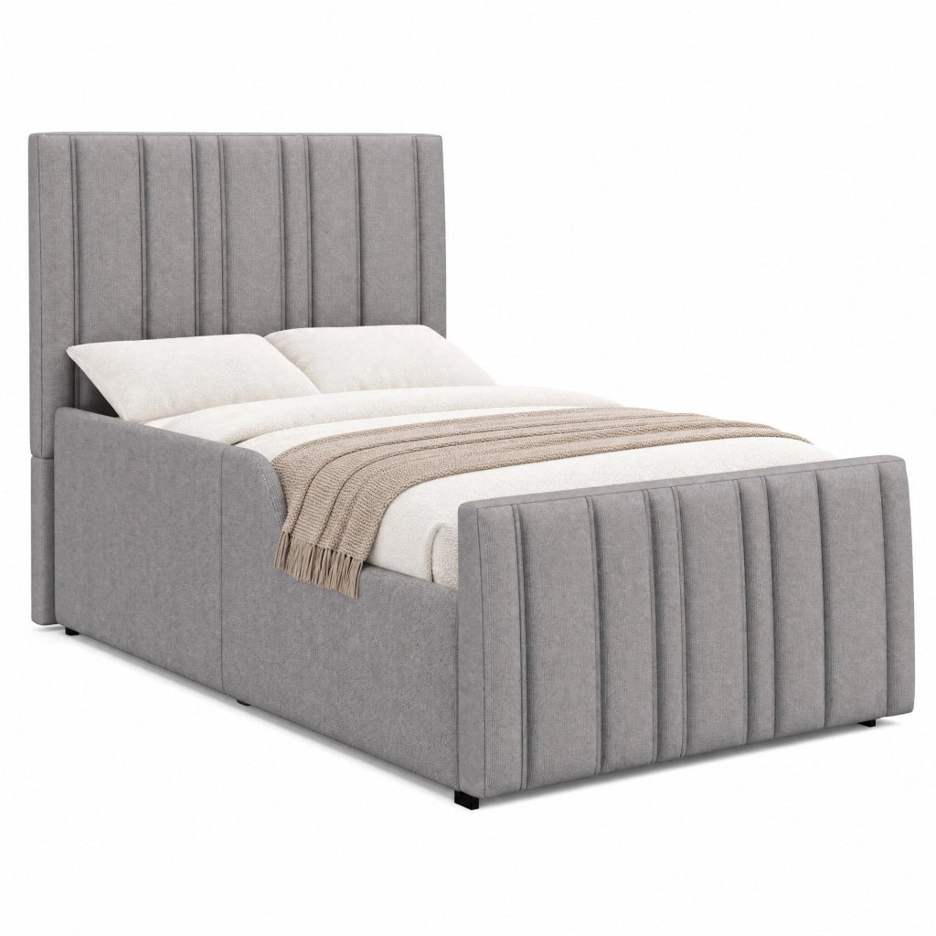 Letto singolo imbottito per Bambini con contenitore idraulico, rete a doghe, testiera e rivestimento in lino grigio 90x200 cm
