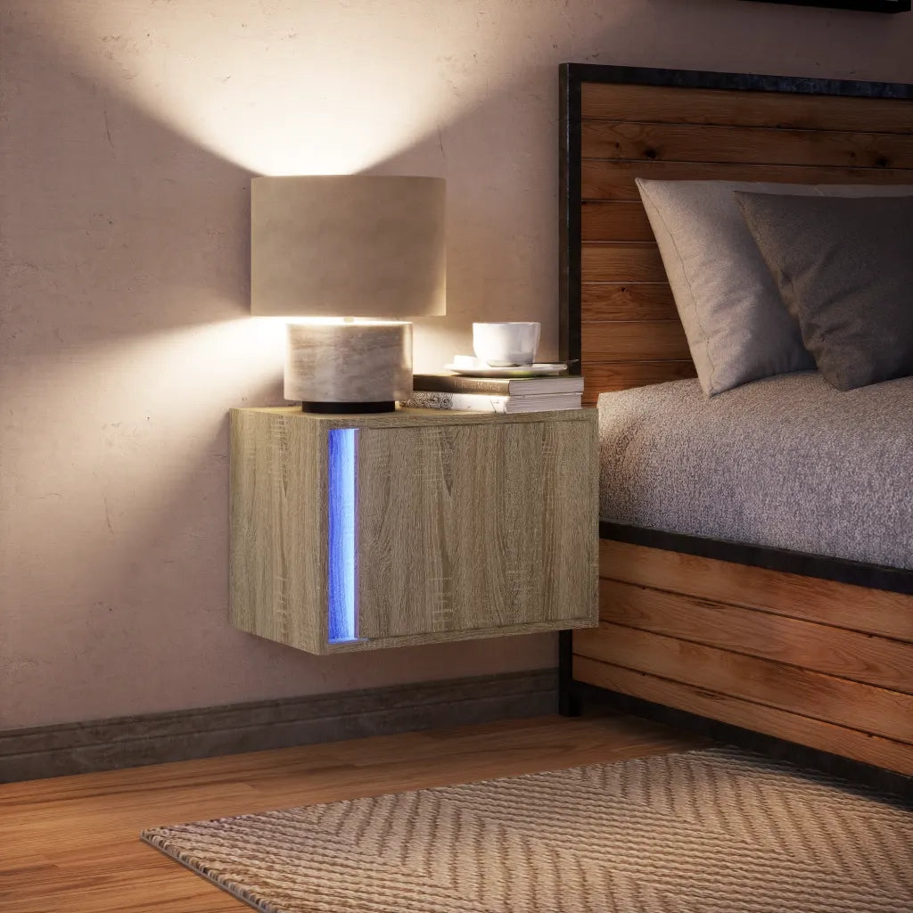 Comodino a Parete con Luci LED-Tavolino da notte sospeso Rovere Sonoma 530426