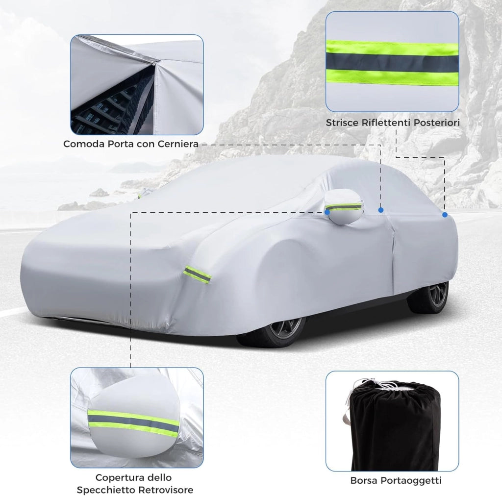 Copertura Auto con Porta a Zip, Serratura, Copertura per Auto con Strisce Riflettenti, Copertura Universale per Esterni per Auto (479 X 173 X 115cm)