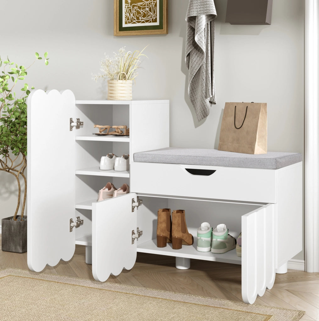 Scarpiera 90x35x74.5 cm con cassetto e seduta imbottita in MDF bianco