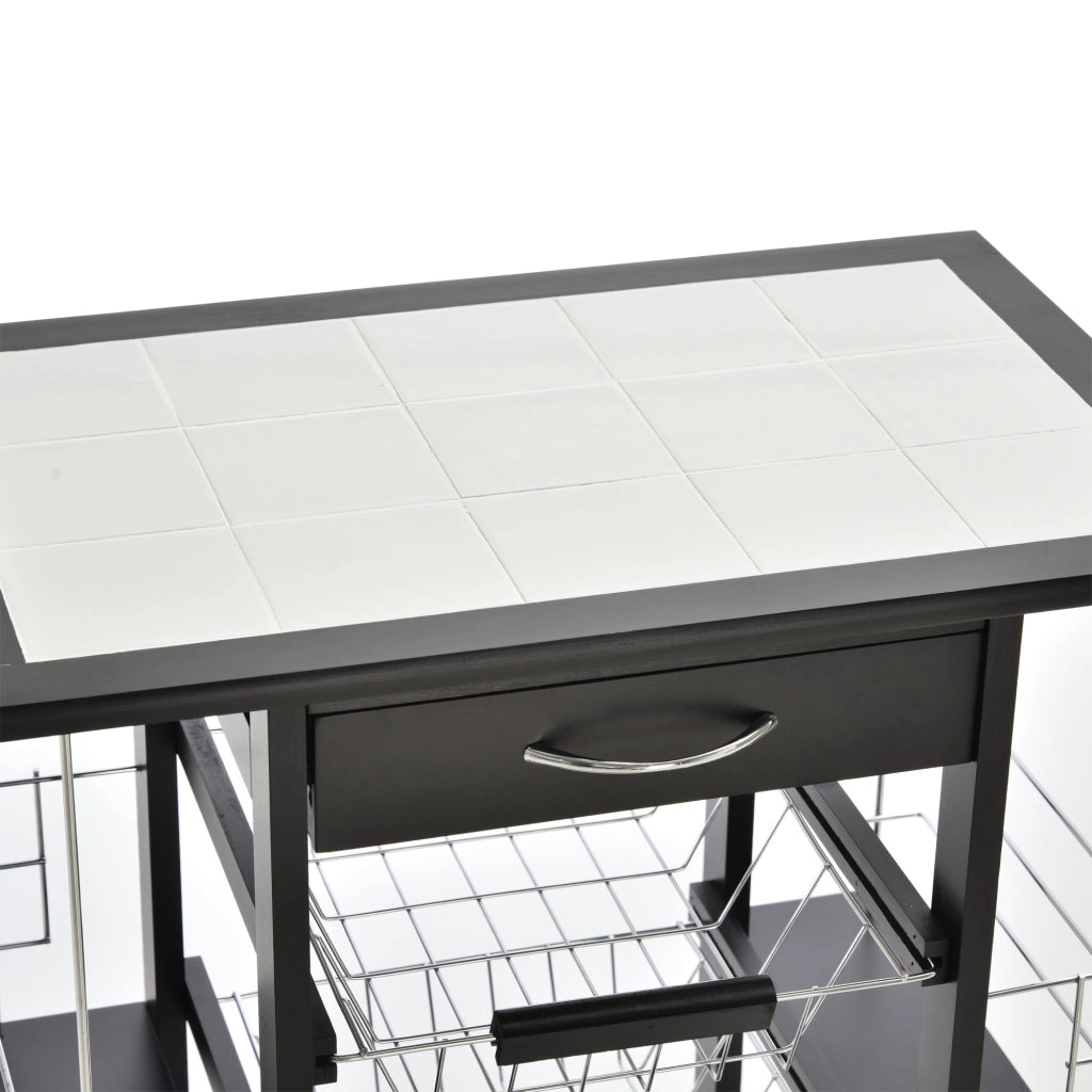 Carrello da Cucina con 4 Cestini e 4 Scomprati in Legno di Pino 57x37x83 cm  Nero
