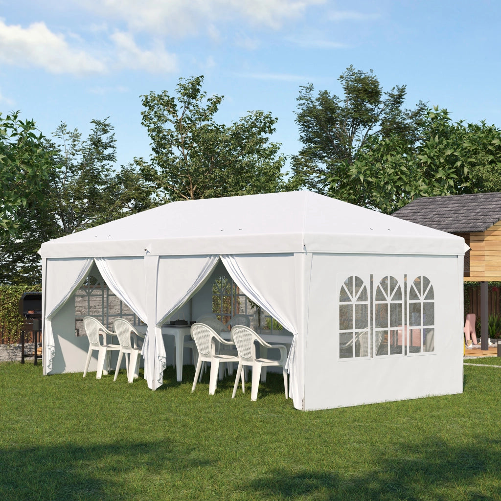 Gazebo da giardino pieghevole Padiglione 5.85 x 2.95 m con protezione UV tenda con pareti laterali e finestre porte con cerniera acciaio bianco