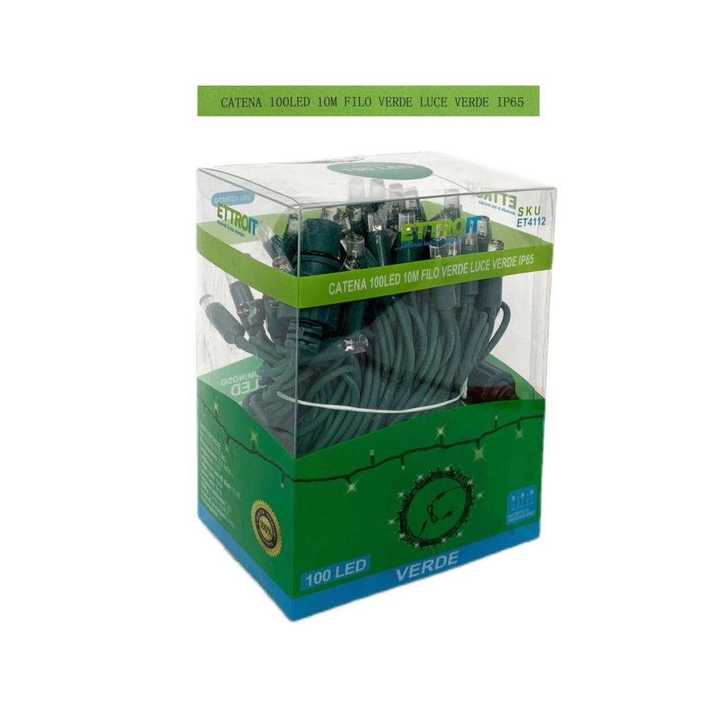 Luci Natale Catena Luminosa 100 LED 10 Metri Filo Verde Luce Verde Flesh Bianco Esterno IP65