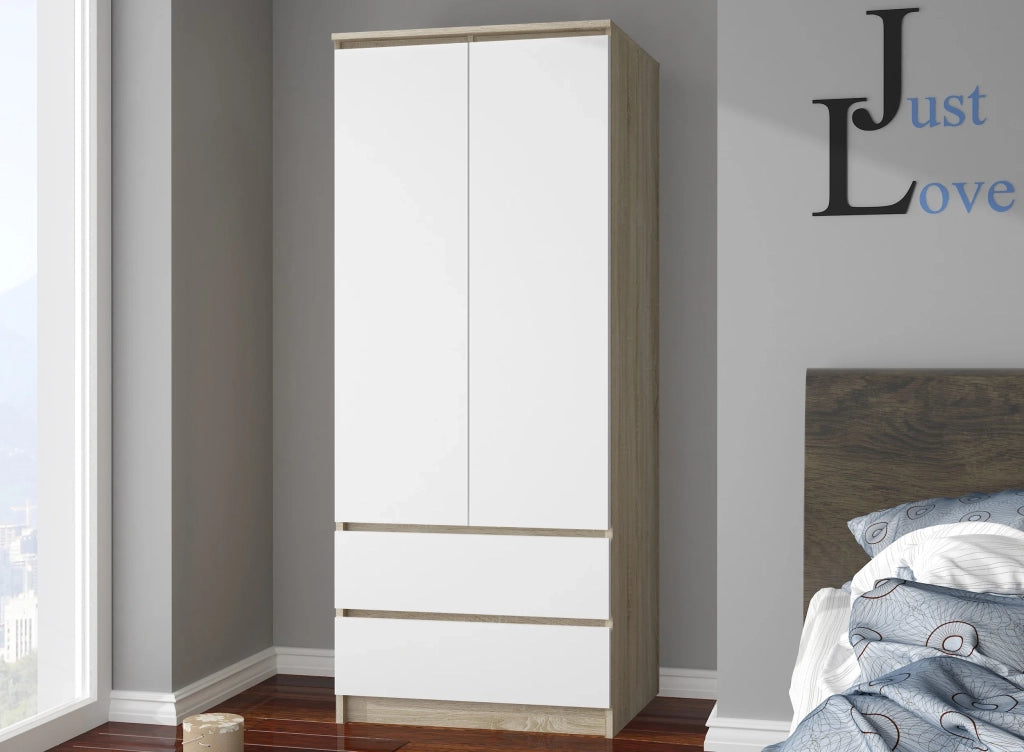 Armadio AKORD S90 Sonoma Quercia 90 cm 2 ante 2 cassetti inserto frontale Bianco 90x51x180 cm
