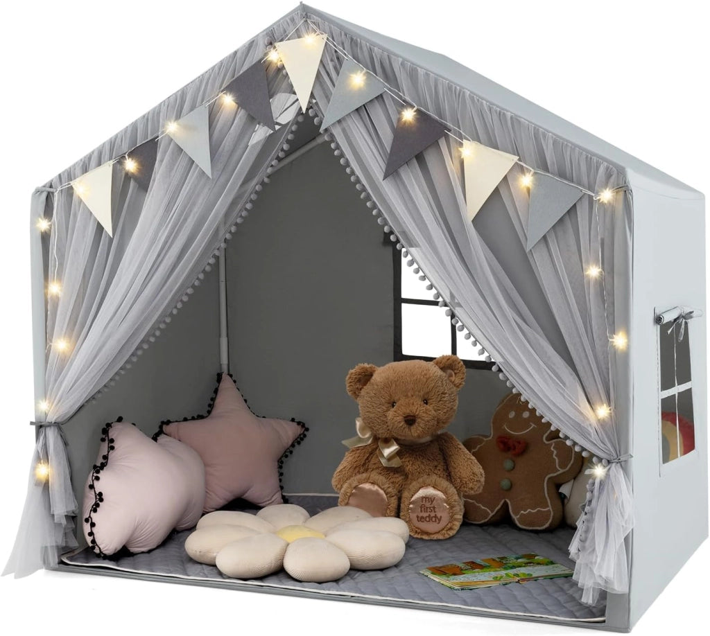 Tenda da Gioco per Bambini, Tenda Castello per 3-4 Bambini con Tende in Tessuto e Rete Luci a Stella e Finestre, Materassino in Cotone, per Bambini 3 Anni+, 146x96x133 cm (Beige)