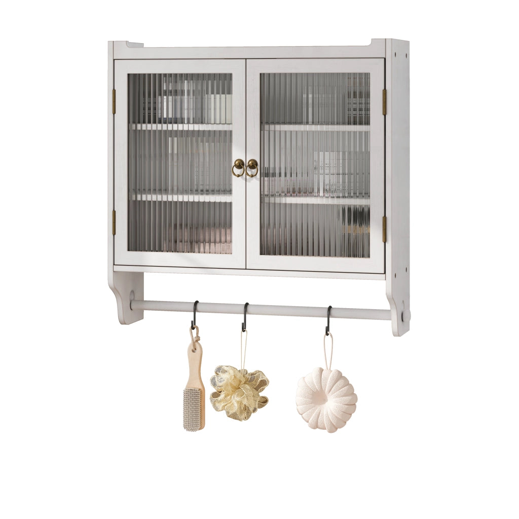 Pensile con 2 Ante; 3 Ripiani e Portasciugamani per Bagno in Legno; 63 × 18 × 60 cm; Bianco Decapato