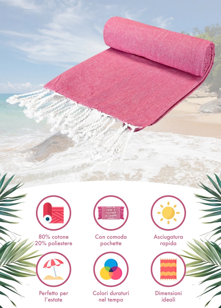Telo Mare Con Frange Asciugamano Da Spiaggia Misura Grande 90x180 Cm Con Pochette Astuccio Assorbente In Morbido Cotone Leggero Stampa Tutti Al Mare AntiSabbia Lettino Vacanze Piscina Fuxia