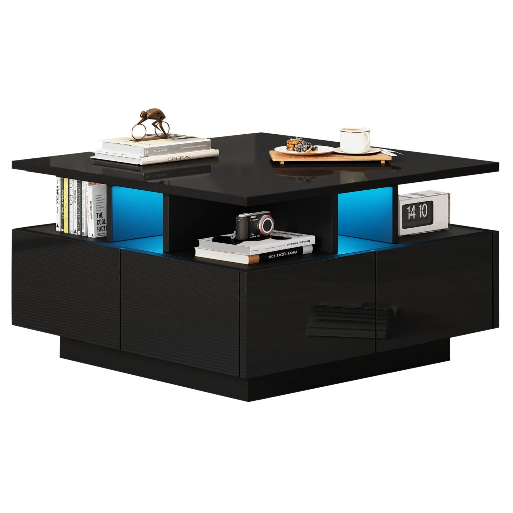 Tavolino da caffè 70x70x40 cm con LED; 4 cassetti in truciolare nero