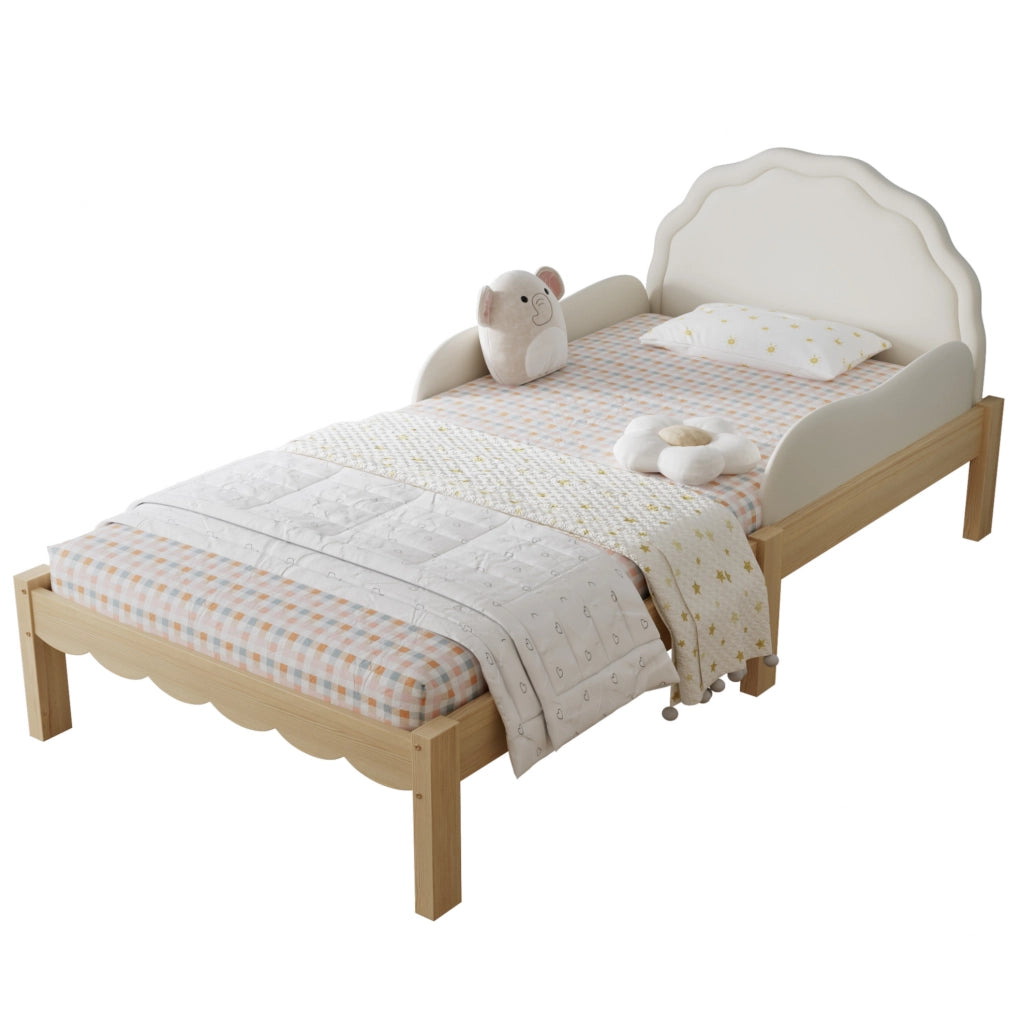 Letto imbottito 90x200 cm con testiera in PU e spondine laterali; legno beige naturale