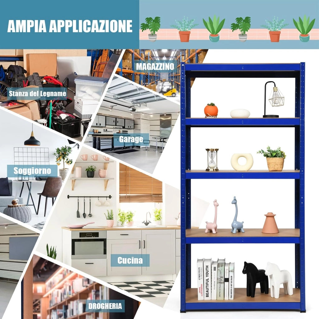 Scaffali per Carichi, Scaffalature a 5 Ripiani, in Metallo e MDF Scaffale, per Garage, Magazzino, Ripostiglio, Portante 875 kg, 90 x 40 x 180 cm (Blu)