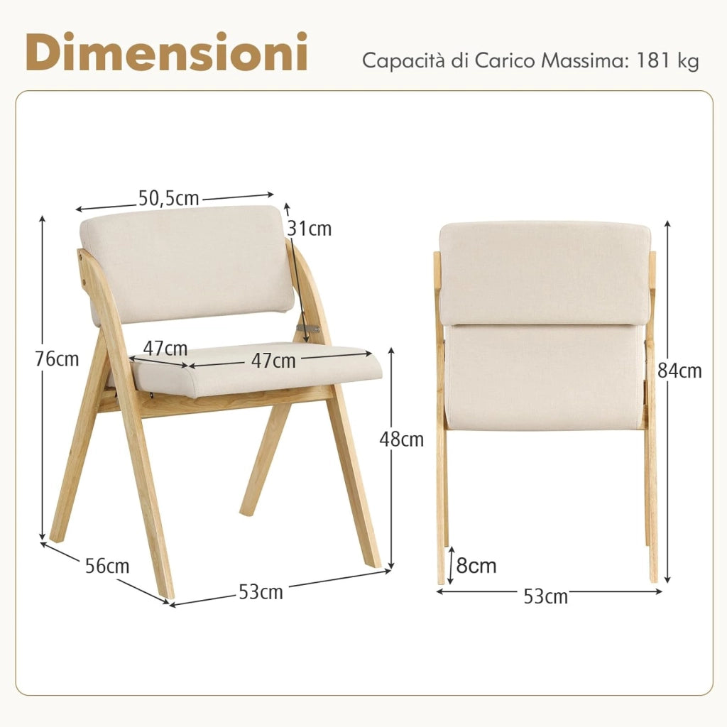 Set 2 Sedie da Pranzo, Sedia da Cucina Pieghevole con Gambe in Legno di Gomma, Sedile e Schienale Imbottiti, Sedia Portatile per Casa Ufficio Matrimonio, Portata 160 kg (Naturale)