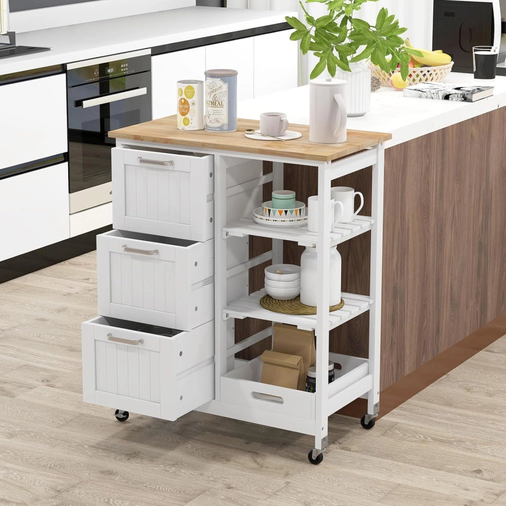 Carrello di Servizio con 4 Ripiani, Scaffale da Cucina con Rotelle, Mobiletto Cucina Salvaspazio con 3 Grandi Cassetti, 67x37x83,5 cm, 2 Colori (bianco)