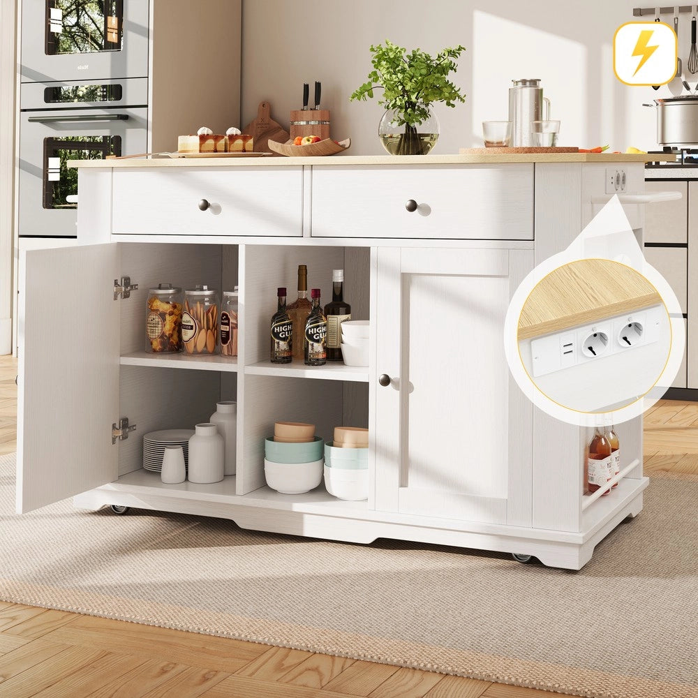 Isola Cucina con Presa Elettrica e Piano in Legno ¨C Xylo ¨C Bianco