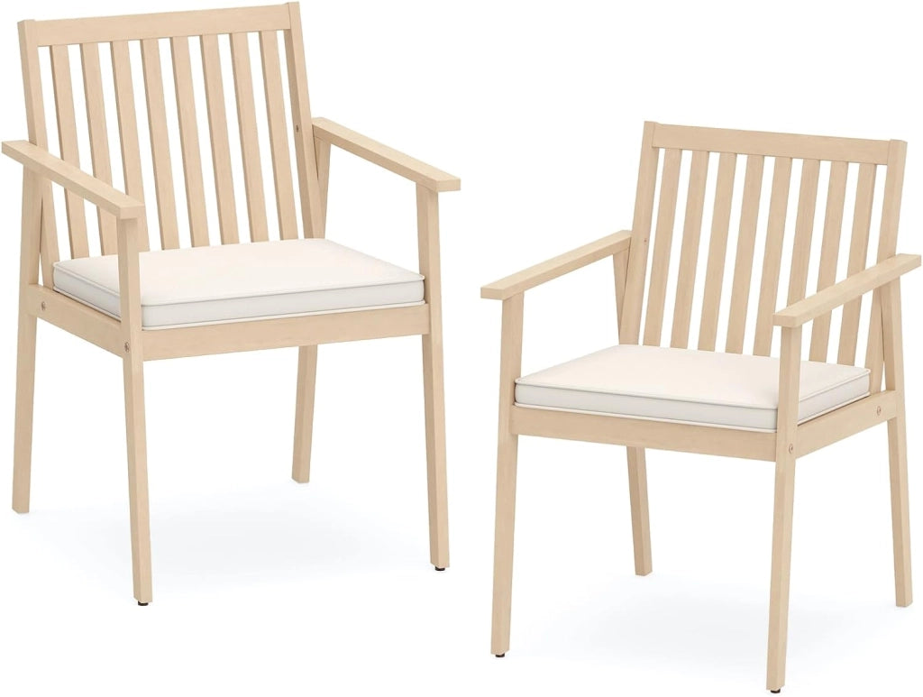 Set di 2 sedie da giardino in legno di acacia con cuscino imbottito, braccioli e piedini regolabili, sedia da cucina fino a 180 kg, per patio e terrazza, 64 x 59 x 86 cm (beige)