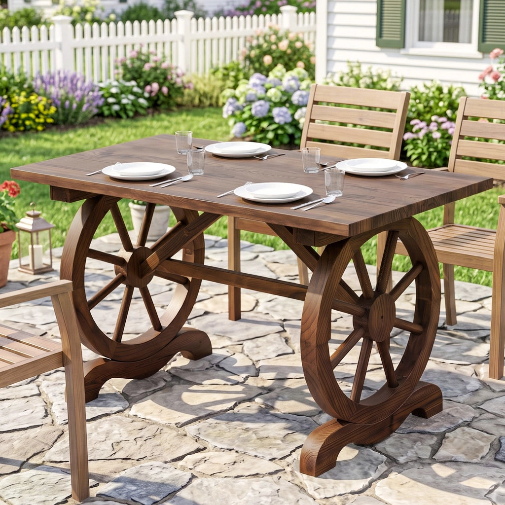 Tavolo da Giardino Stile Country con Gambe a Ruota, in Legno di Abete Resistente alle Intemperie, 110x60x65 cm