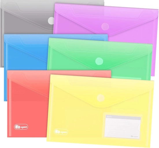 Set di 12 contenitori A5 con chiusura ad adesivi in 6 colori per un organizzazione efficiente – Documentario con tasca a fori e adesivi e 20 fogli di carta da regalo gratuiti