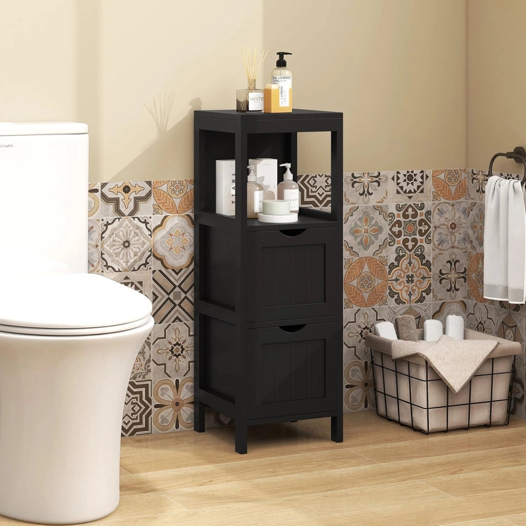Mobile da Bagno, Mobile da Terra con 2 Cassetti e Vano Aperto, con Design Antiribaltamento, per Bagno, Camera da Letto, Salotto e Cucina, 30 x 30 x 90 cm (Modello 2)