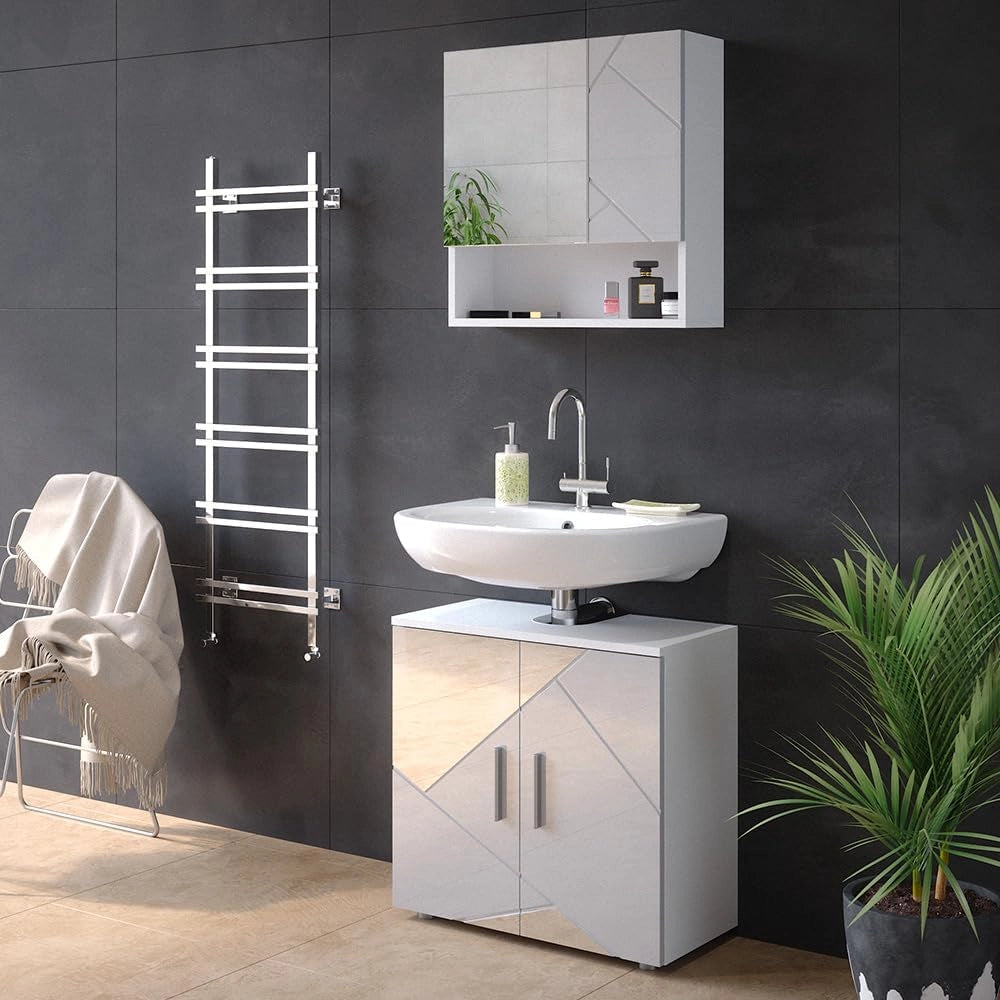 Set mobili bagno Irma, Bianco lucido con inserti, 80 cm, composto da specchio da bagno e mobile sottolavabo